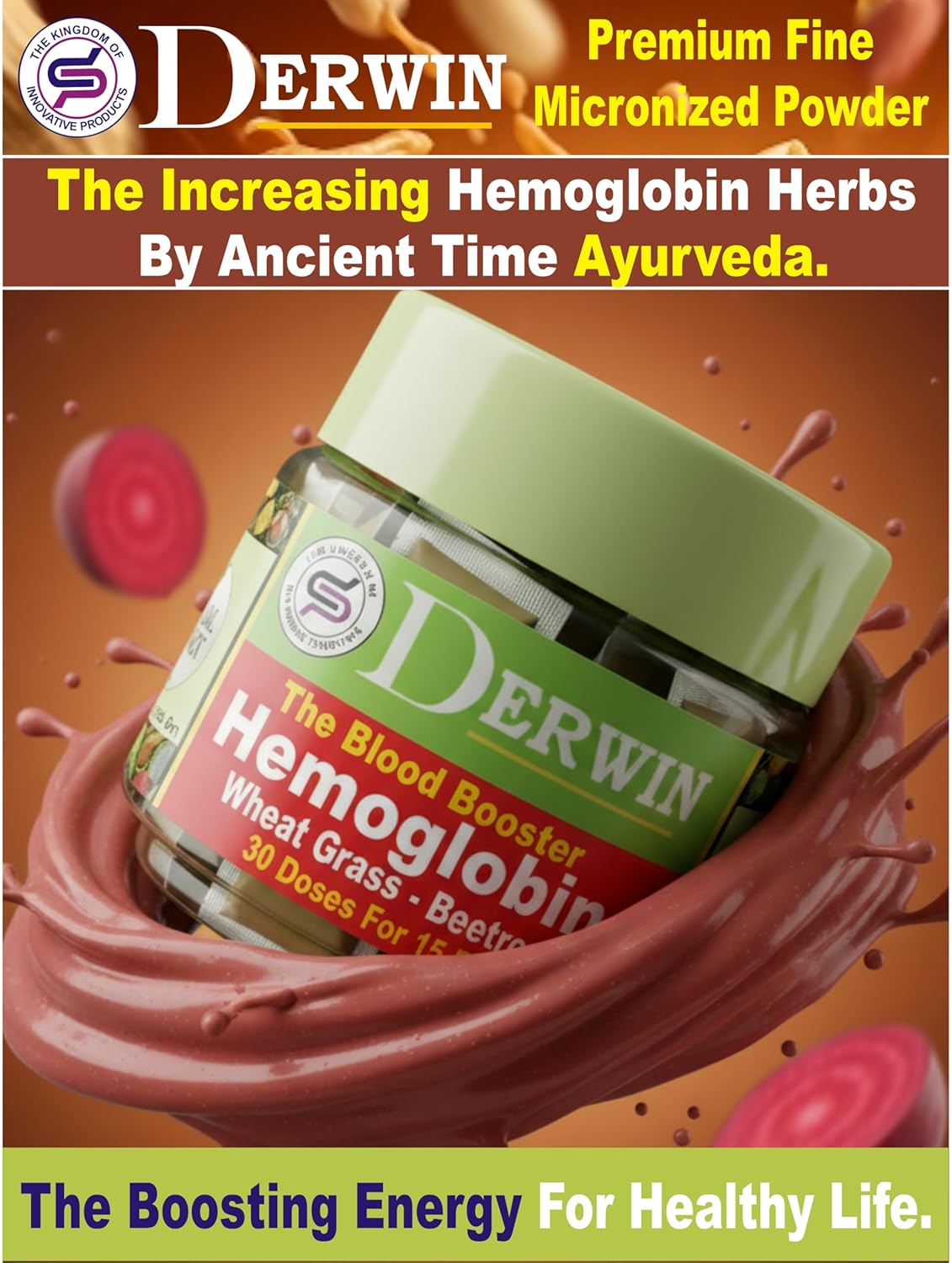 DERWIN Hemoglobin Booster Powder | Wheat Grass, Beetroot & Moringa Formula | Supports Healthy Hemoglobin Levels & Iron Absorption | 210g - 30 Sachets (Full Month Pack)