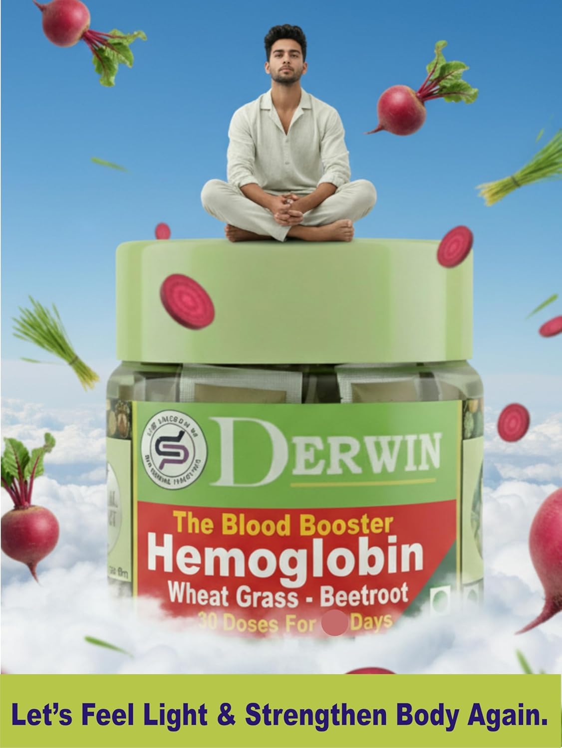 DERWIN Hemoglobin Booster Powder | Wheat Grass, Beetroot & Moringa Formula | Supports Healthy Hemoglobin Levels & Iron Absorption | 210g - 30 Sachets (Full Month Pack)