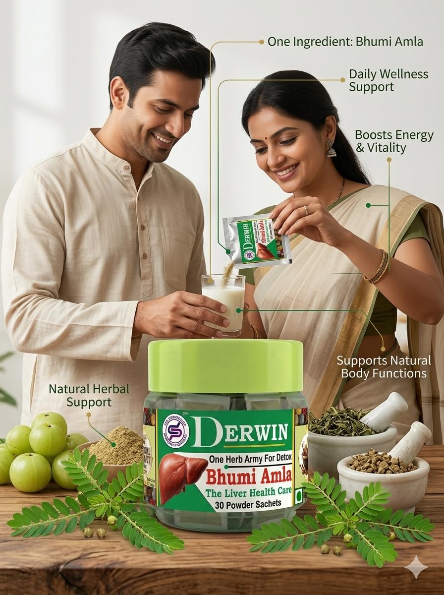 DERWIN Bhumi Amla Micronised Powder | Liver Detox & Support | Pure Ayurvedic Phyllanthus Niruri Powder | 210g - 30 Sachets (Full Month Pack)
