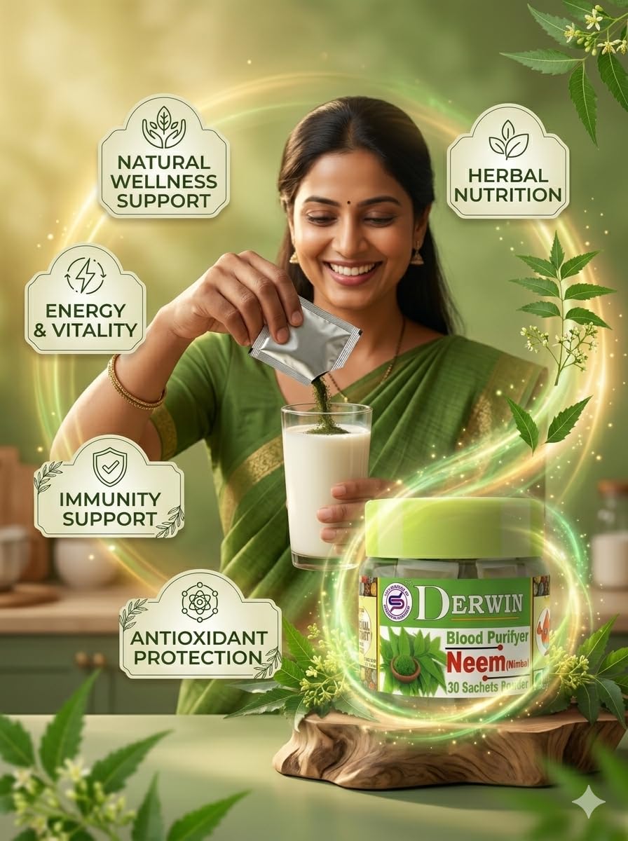 Derwin Neem Micronised Powder | 100% Pure Neem Leaf Powder | Ayurvedic Blood Purifier | Skin & Hair Care | 210g - 30 Sachets (Full Month Pack)